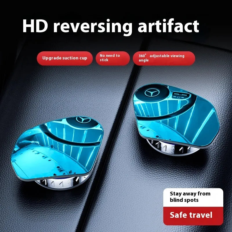 Pair of small circular car mirrors with 360-degree suction cup mount in black, white, and silver