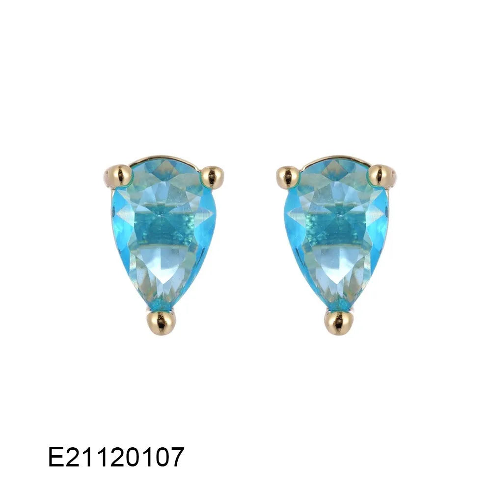 Brass gold-plated drop earrings with pear-shaped candy-coloured zircon stones in simple design