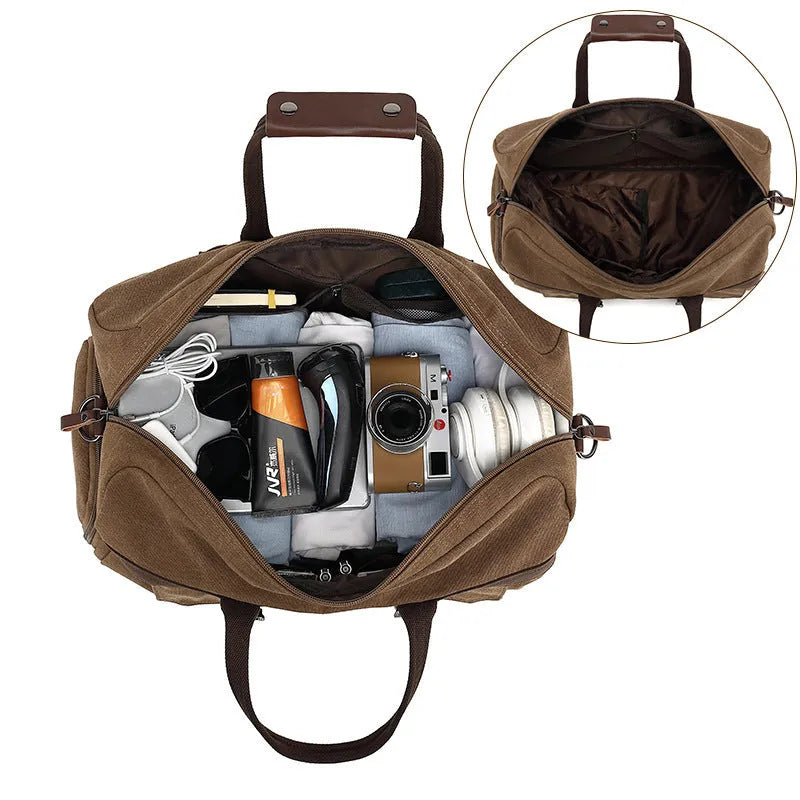 Large capacity canvas crossbody travel bag in black, brown, or grey with visible sewing line detailing