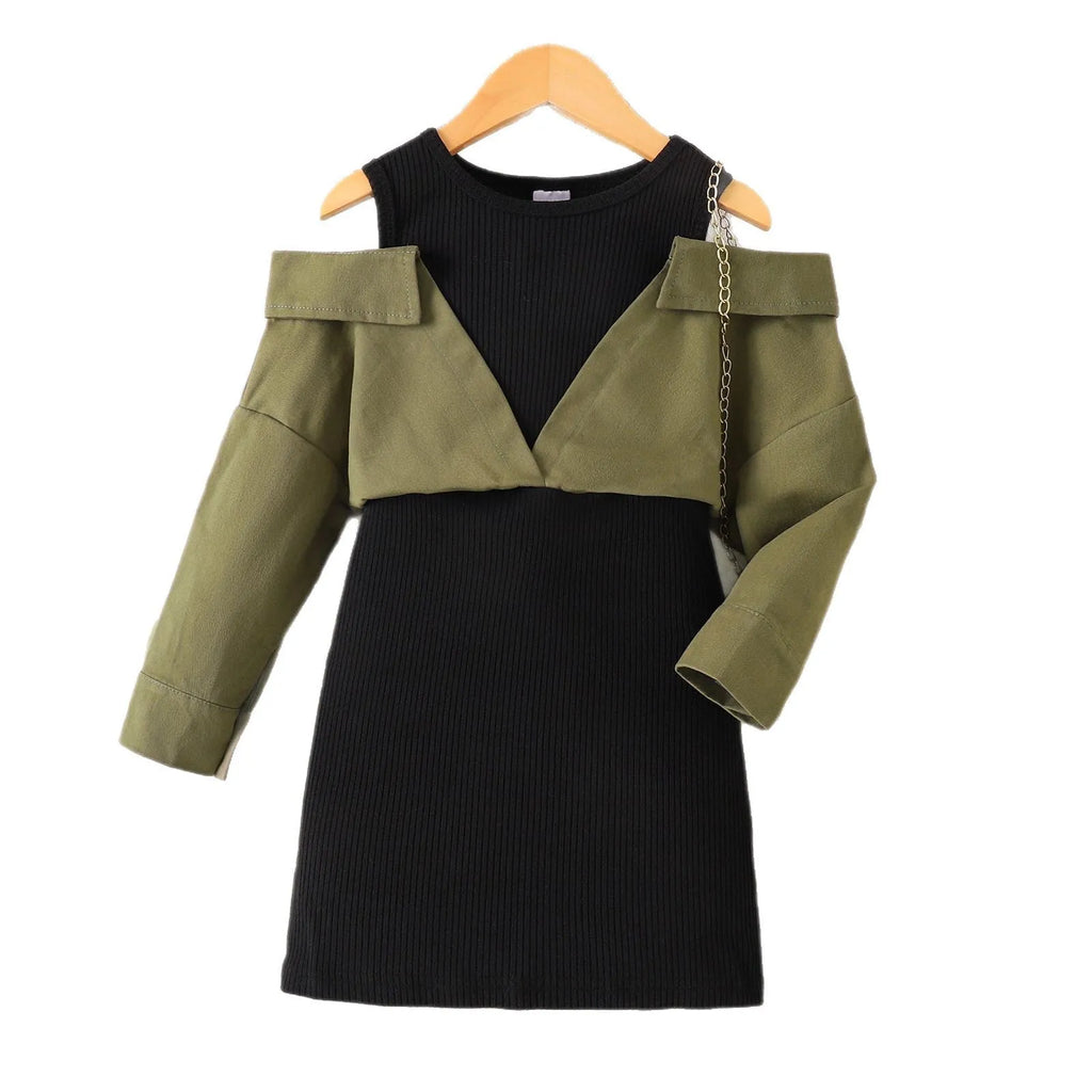 Children's off-shoulder long sleeve dress in military green cotton, front view, sizes 4Y to 7Y