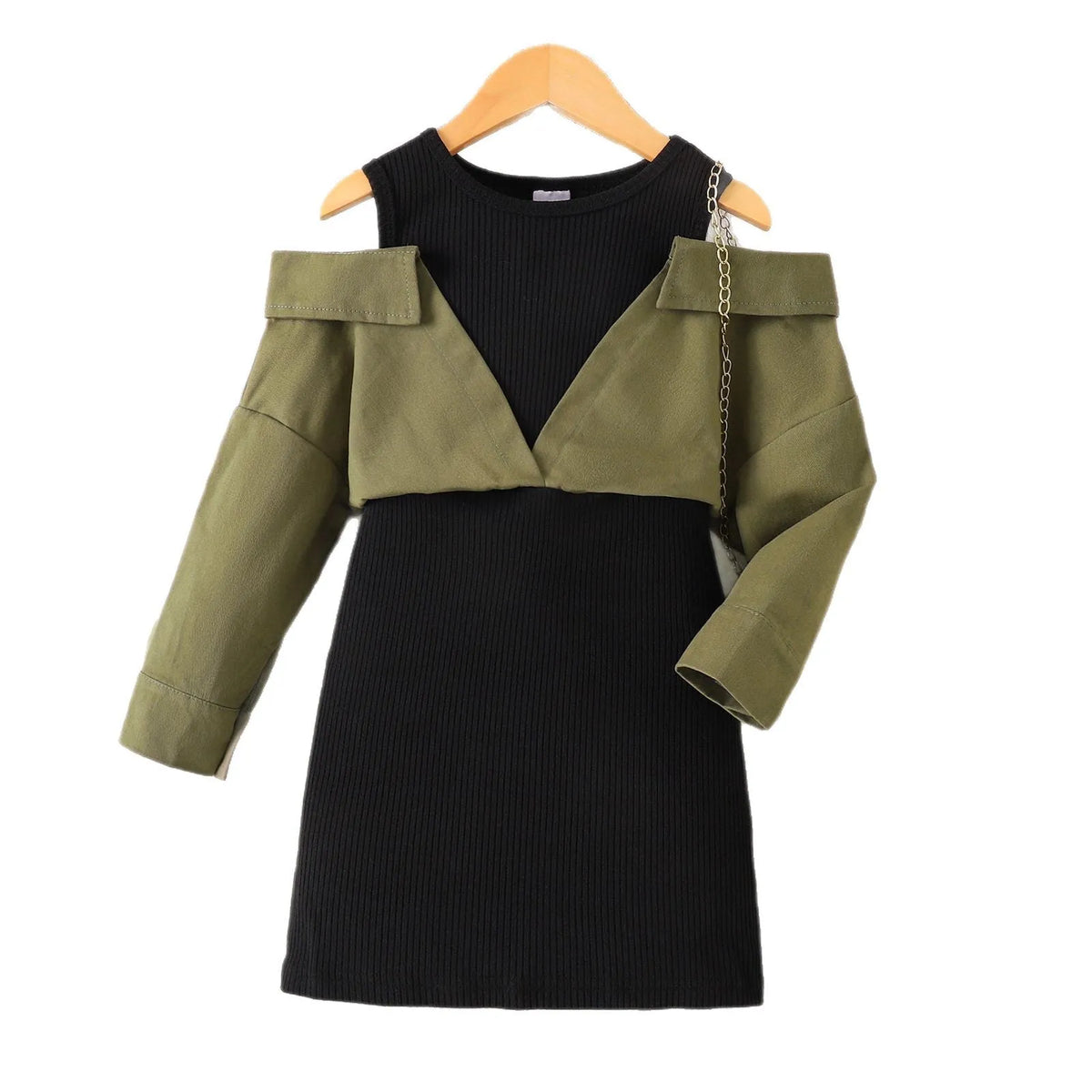 Children's off-shoulder long sleeve dress in military green cotton, front view, sizes 4Y to 7Y