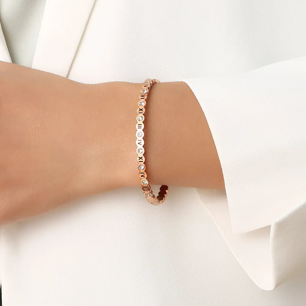 Titanium steel bracelet with electroplated finish and numeric decorative elements in Korean style