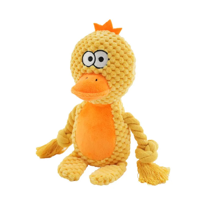 Hippo-shaped plush dog toy with cotton rope sections for tug-of-war games