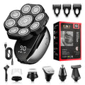 Black 6-in-1 rechargeable hair clipper and shaver kit with attachments including lifting combs, laid out on a surface.