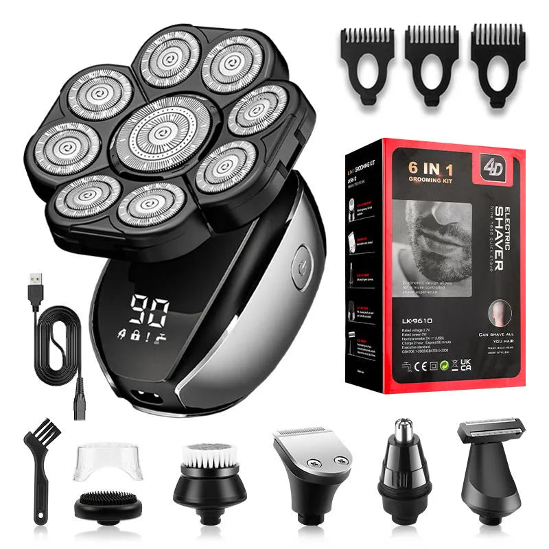 Black 6-in-1 rechargeable hair clipper and shaver kit with attachments including lifting combs, laid out on a surface.