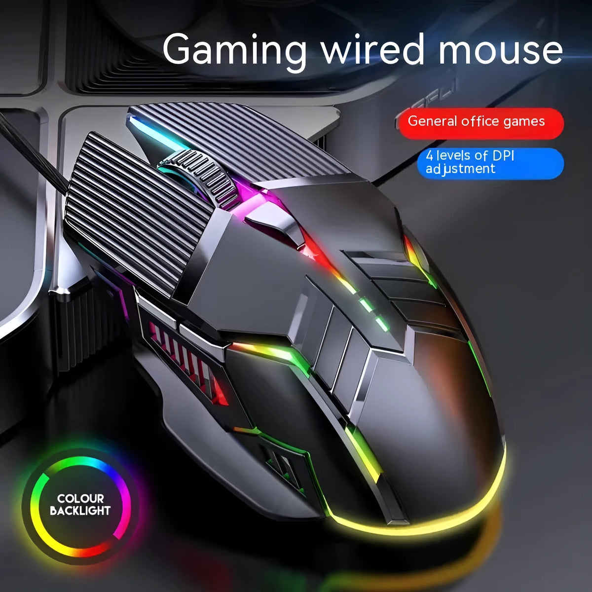 Wired mouse 6D colourful luminous mute version in black, white, and pink with USB cable