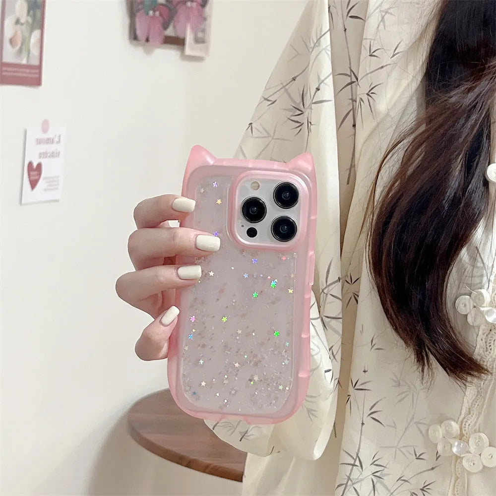 Three-dimensional cat ears epoxy glitter TPU phone case for Apple iPhone in pink with glitter accents