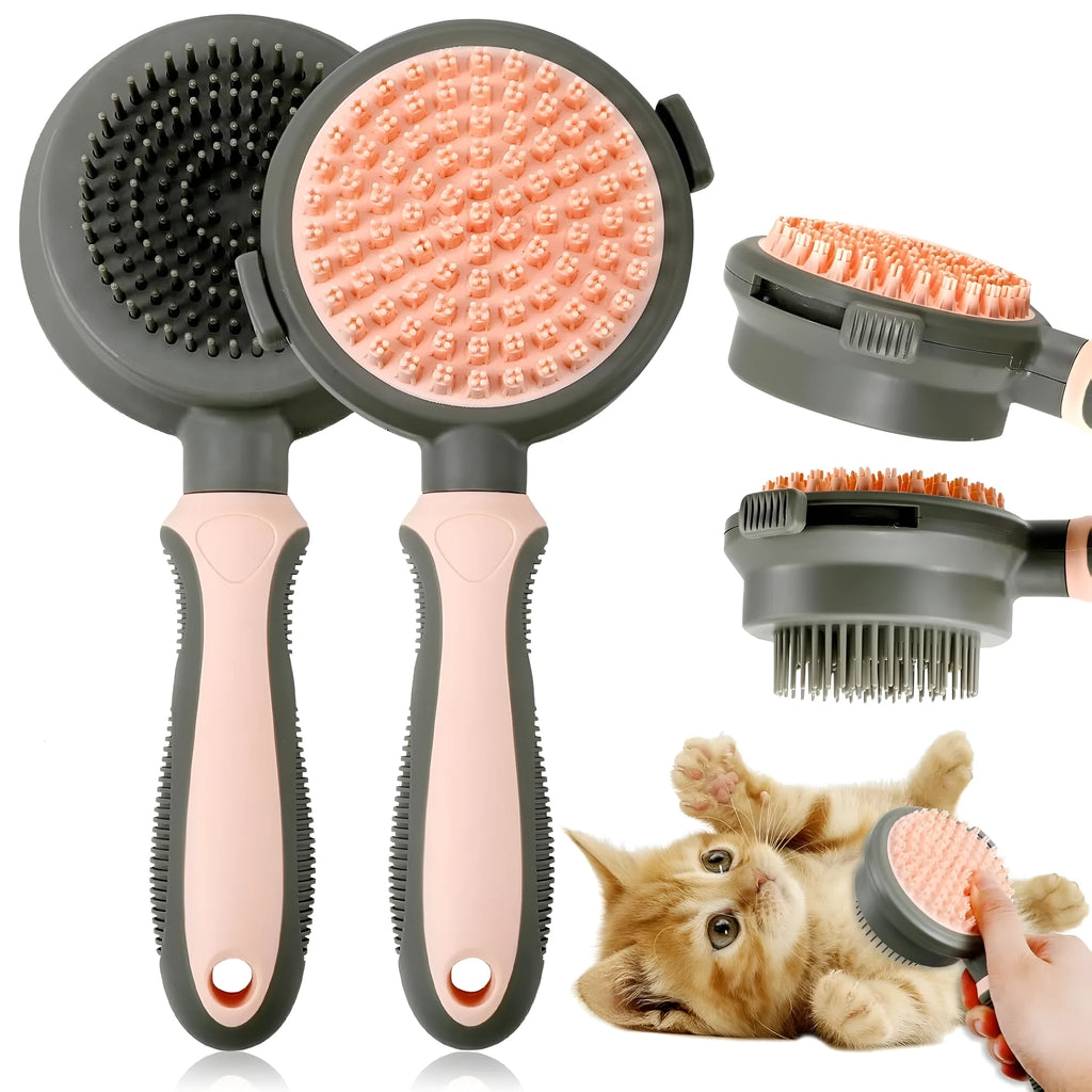 Double-sided pink cat brush with flea comb on reverse side and release button