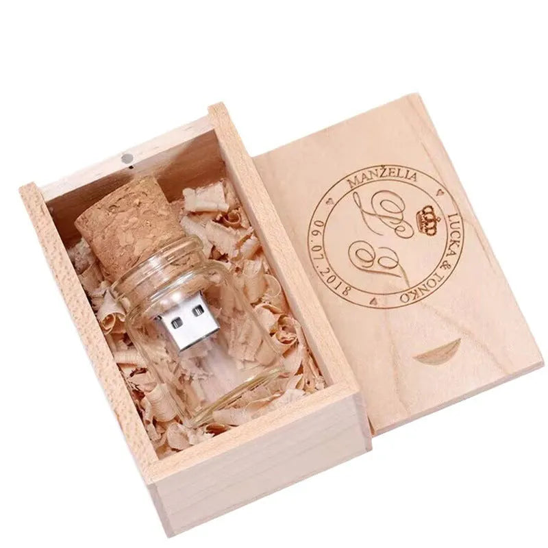 Wooden Wish Drift Bottle USB Disk – bottle-shaped wooden USB flash drive with transparent finish, 60×28mm