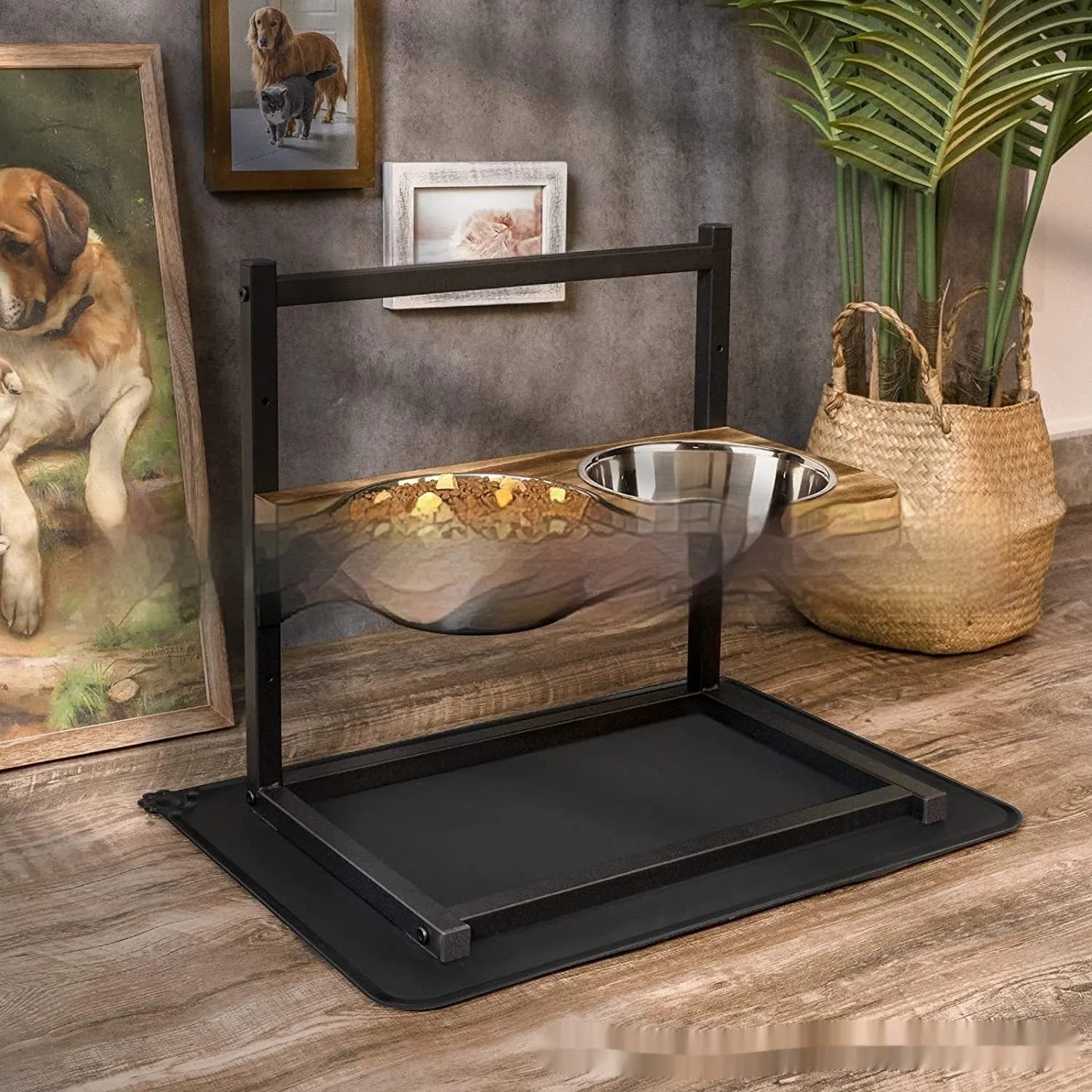 Black iron elevated dog food bowl stand with a height of 40cm.