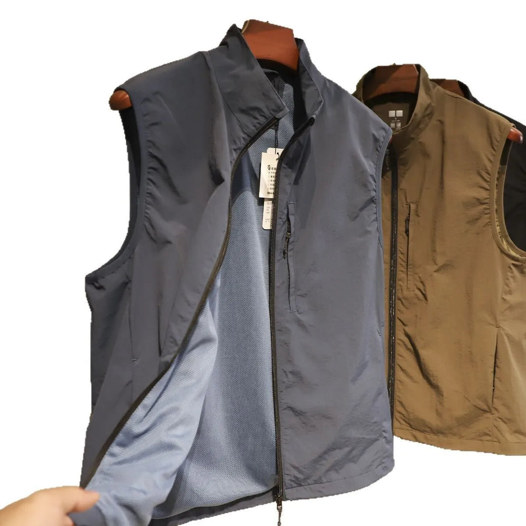 Men's straight fit nylon vest with side seam pockets in black, blue or army green
