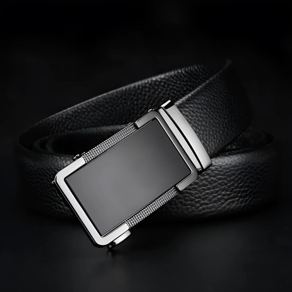 Men's leather belt with an automatic alloy buckle in gun black, silver, or gold colour options.