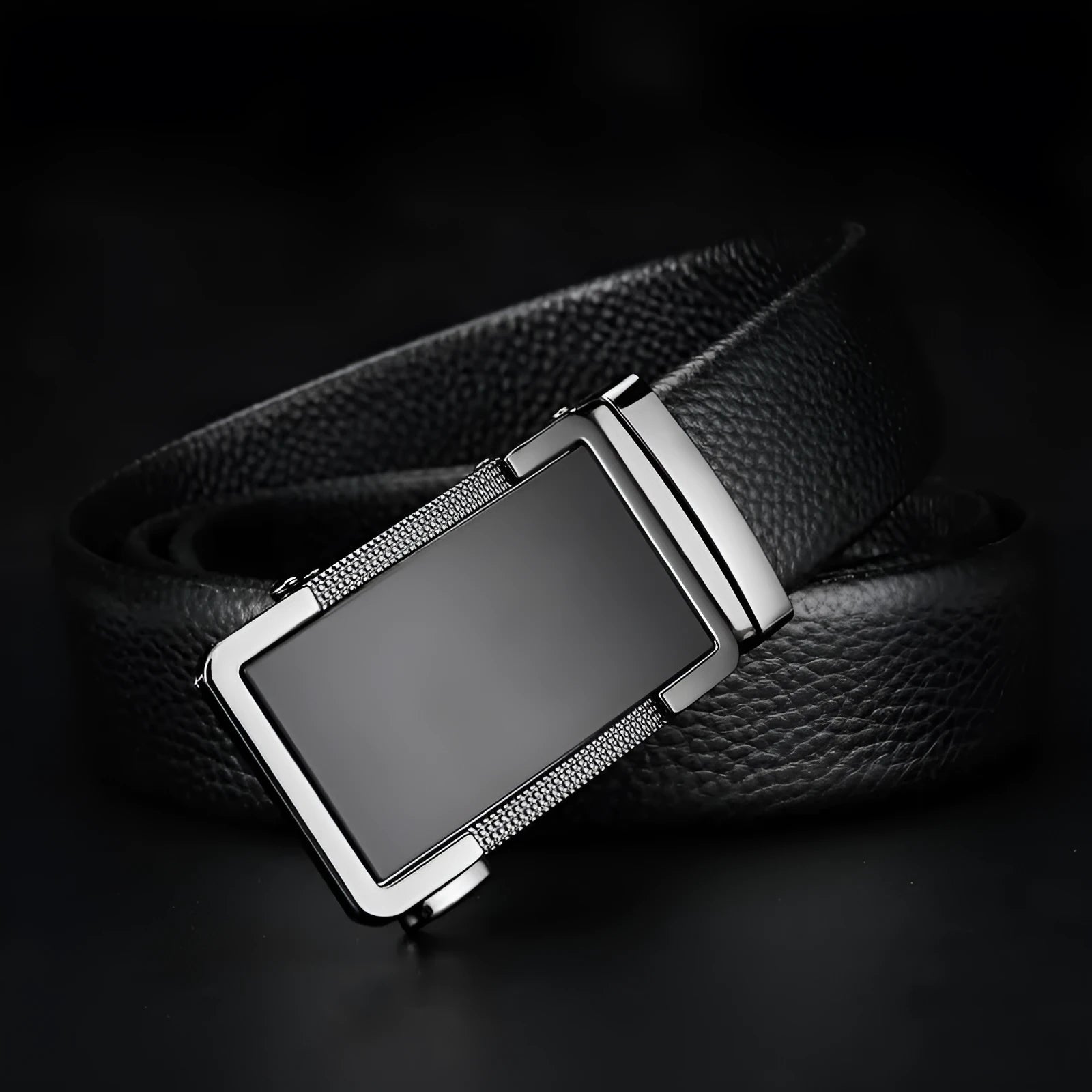 Men's leather belt with an automatic alloy buckle in gun black, silver, or gold colour options.
