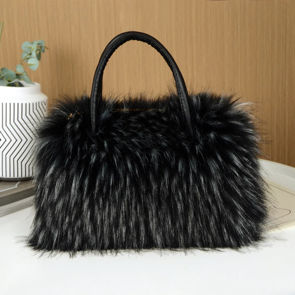 Soft plush handbag shoulder tote with double straps and three-dimensional outer pocket in multiple colours