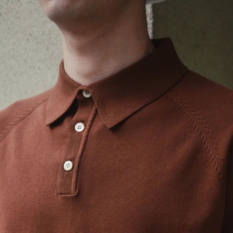 Retro knitted cotton short-sleeved T-shirt in slim fit showing dark brown colour option