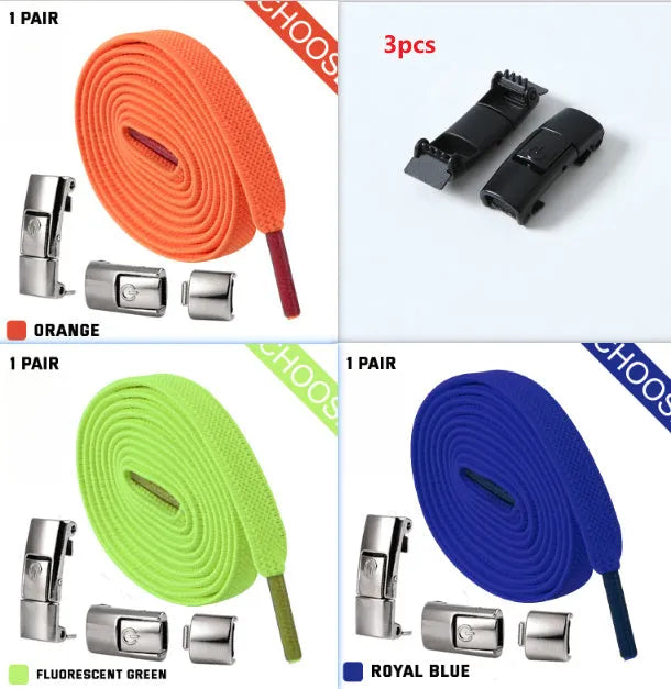 Pair of black 8mm wide flat press lock elastic shoelaces for no-tie fastening on sneakers