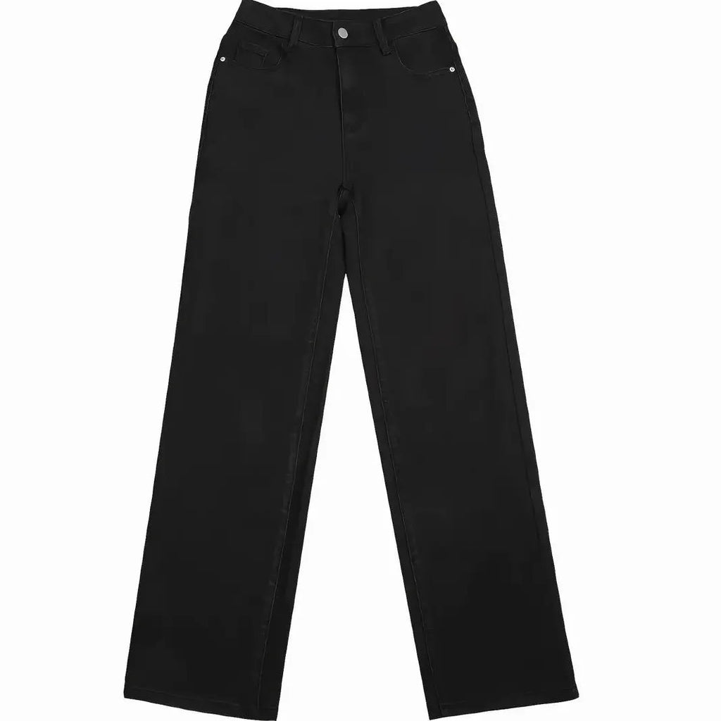 Black straight stretch casual trousers in cotton denim with high waist and straight leg