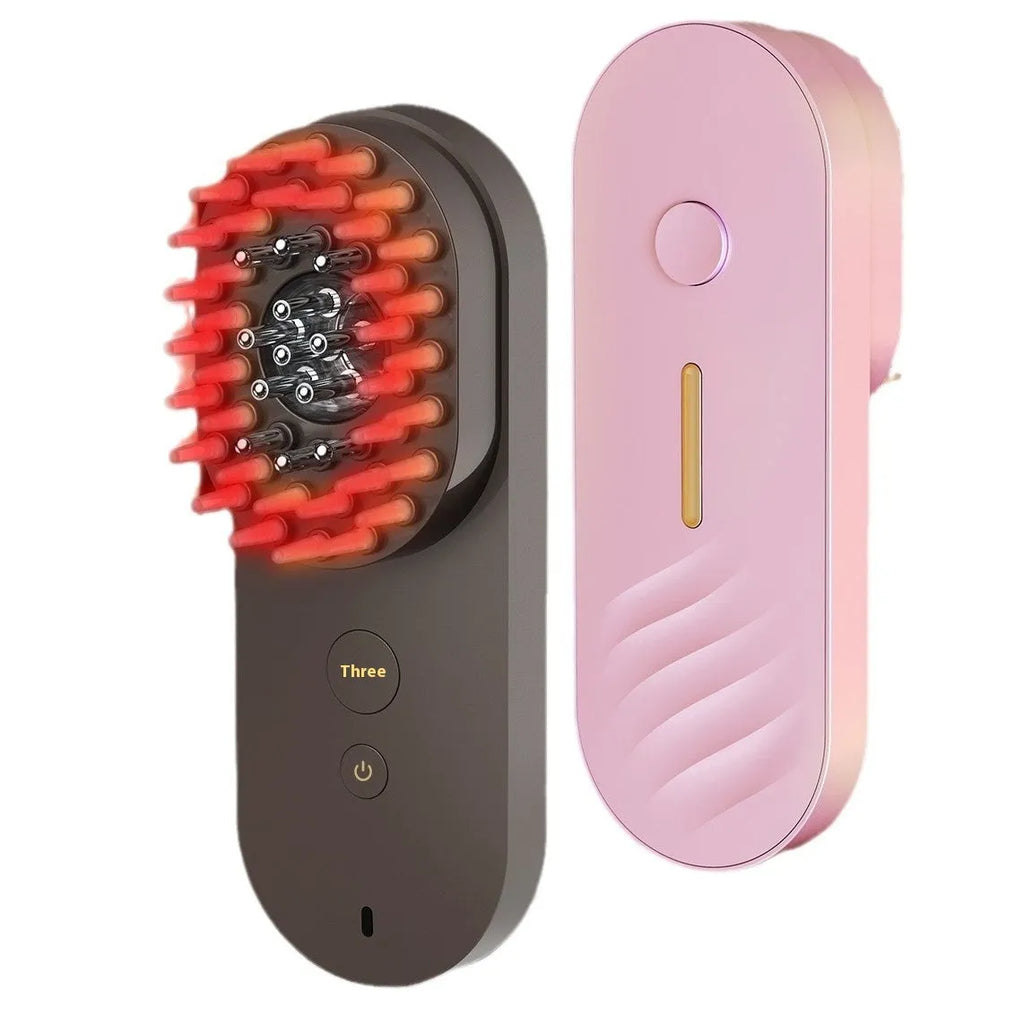Pink and black smart massage comb with red light therapy for hair care, shown next to a ruler under 10cm.