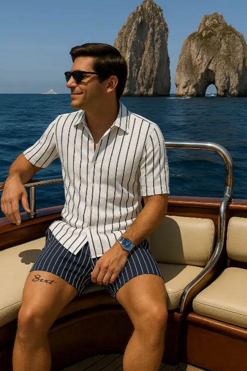 Beach men's shirt and shorts set in elastic fabric with anti-wrinkle properties
