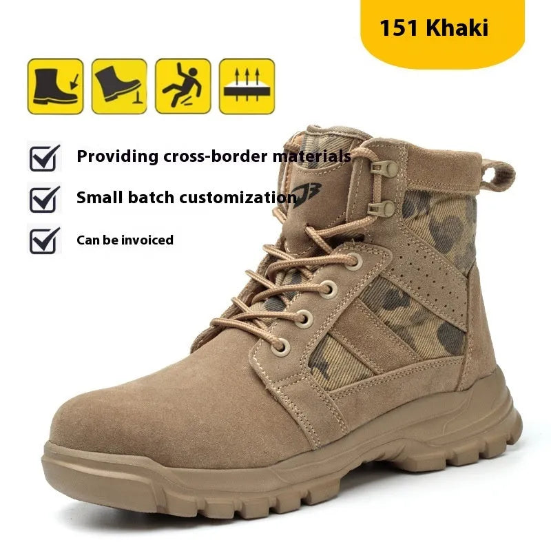 Khaki suede high-top safety combat boots with steel toe cap and front lace-up closure.
