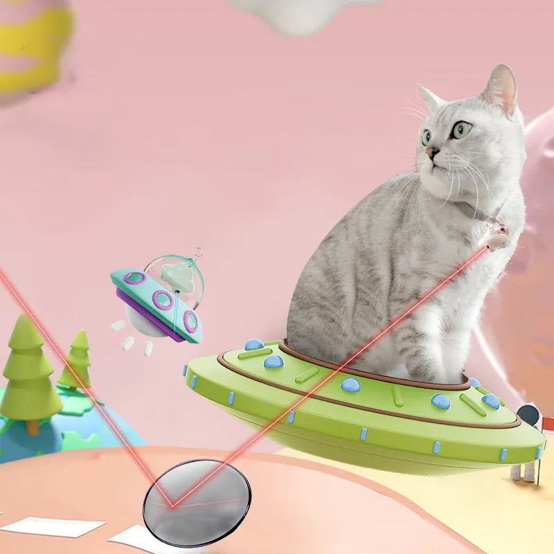 Green automatic cat laser toy attached to pet collar with USB charging port visible