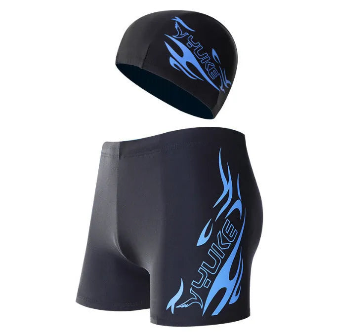 Men's plus size boxer swimming trunks with matching cap in Blue Fire design