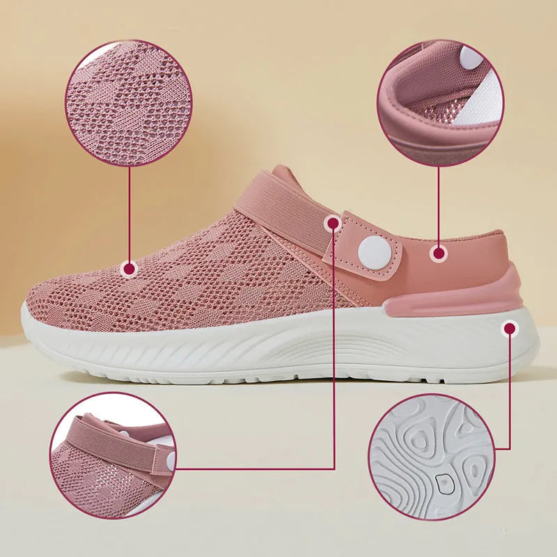 Women's breathable mesh sandals one-step slip-on round toe half-slip design with PVC sole