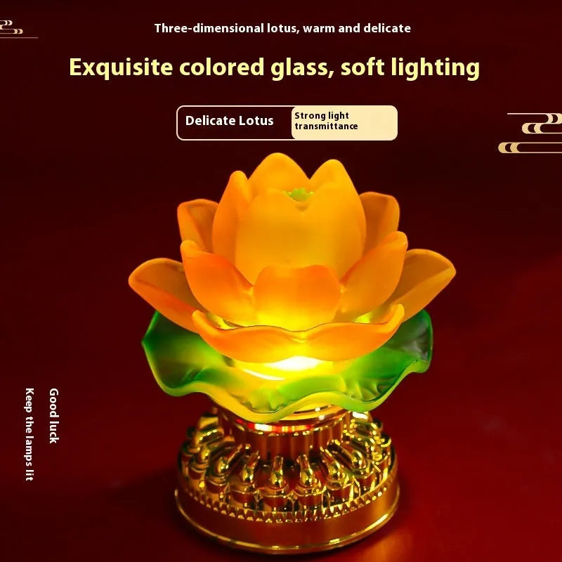 Yellow Chinese style Buddha lotus lamp on a wooden surface, shown in both flower bud and flowering designs.