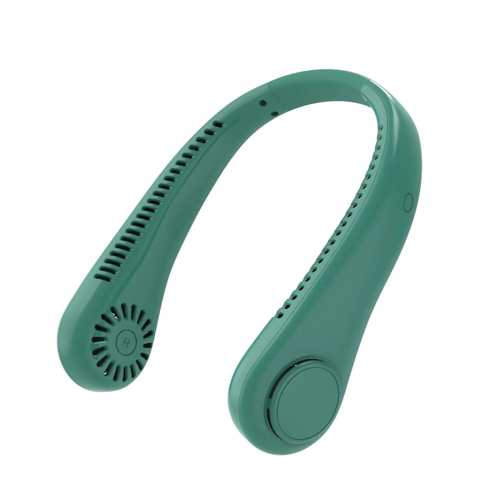 A white rechargeable bladeless neck fan hanging around a person's neck, showing its compact, hands-free design.