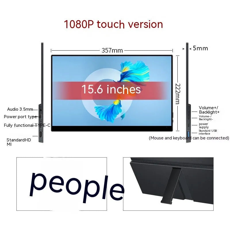 Black portable monitor with 1920x1080 IPS display showing a media scene, with touch screen option available