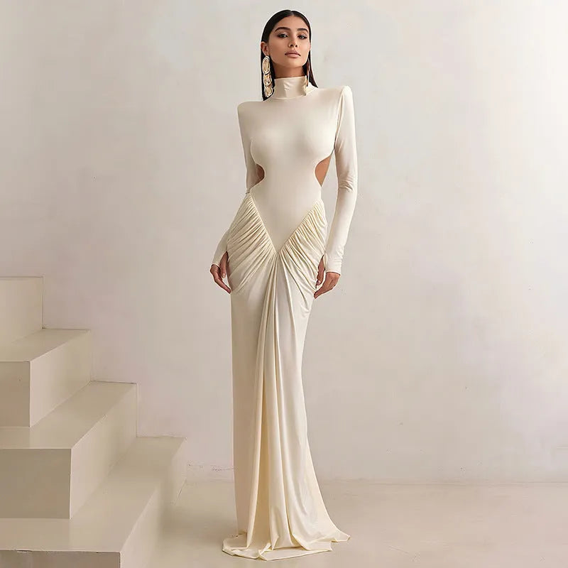Women's long sleeve high collar backless pleated dress in slim fit with solid colour options