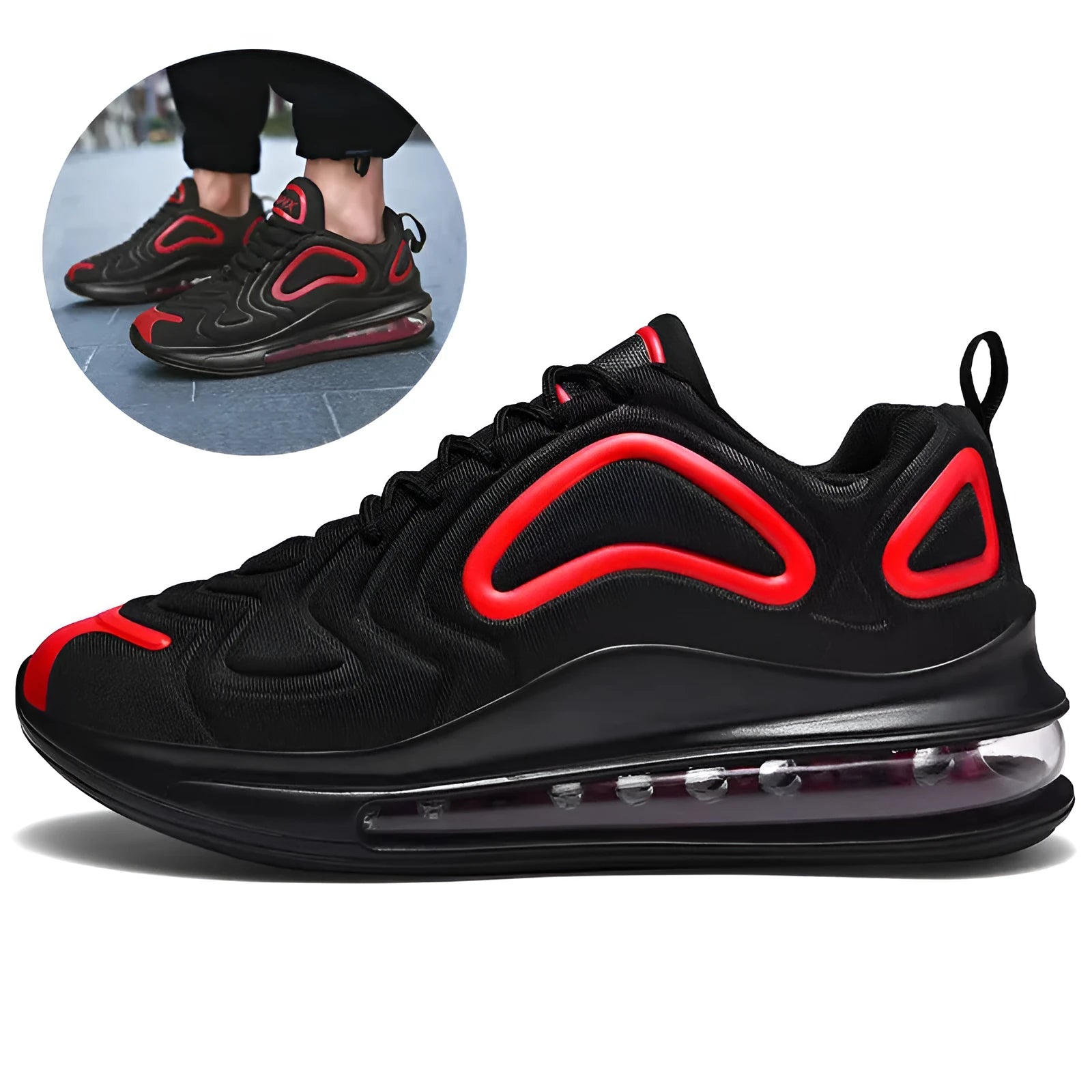 Men's black casual sports shoes with air cushion sole and lace-up design