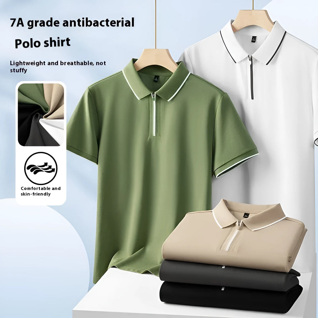 Men's solid colour polo shirt with a zipper front closure, shown in beige apricot.