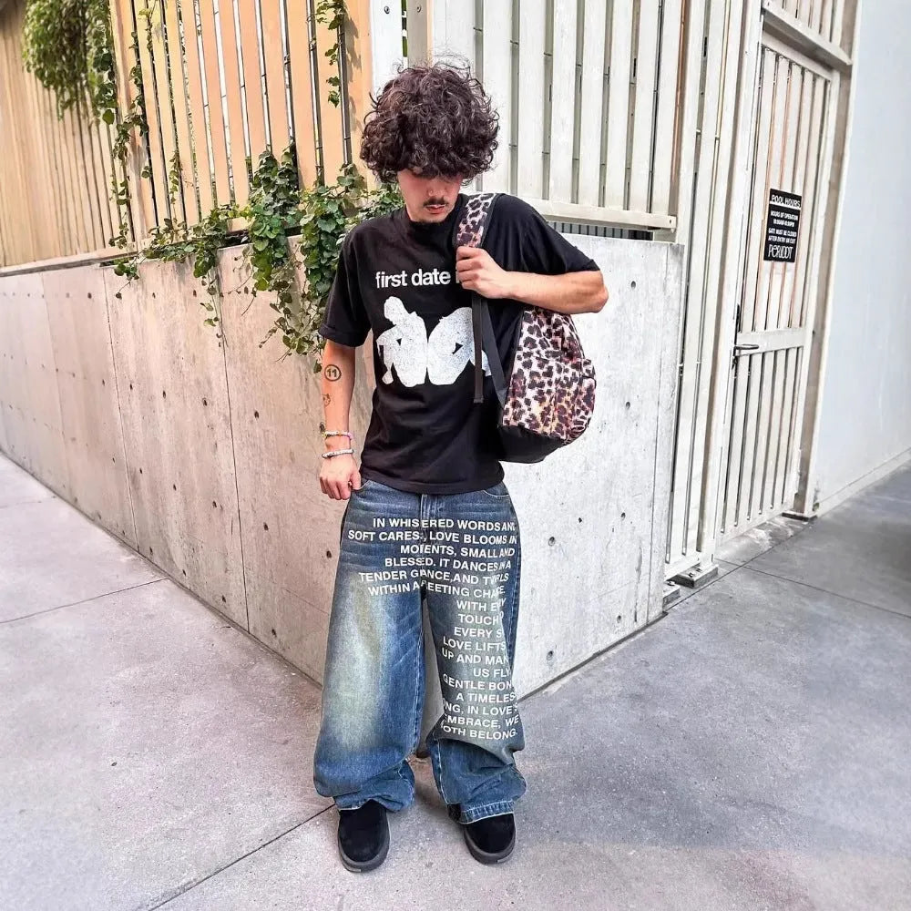 Men's black cotton loose wide-leg straight trousers casual pants