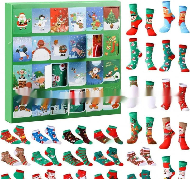 Seven different Christmas stocking blind boxes with colourful resin decorations for holiday displays