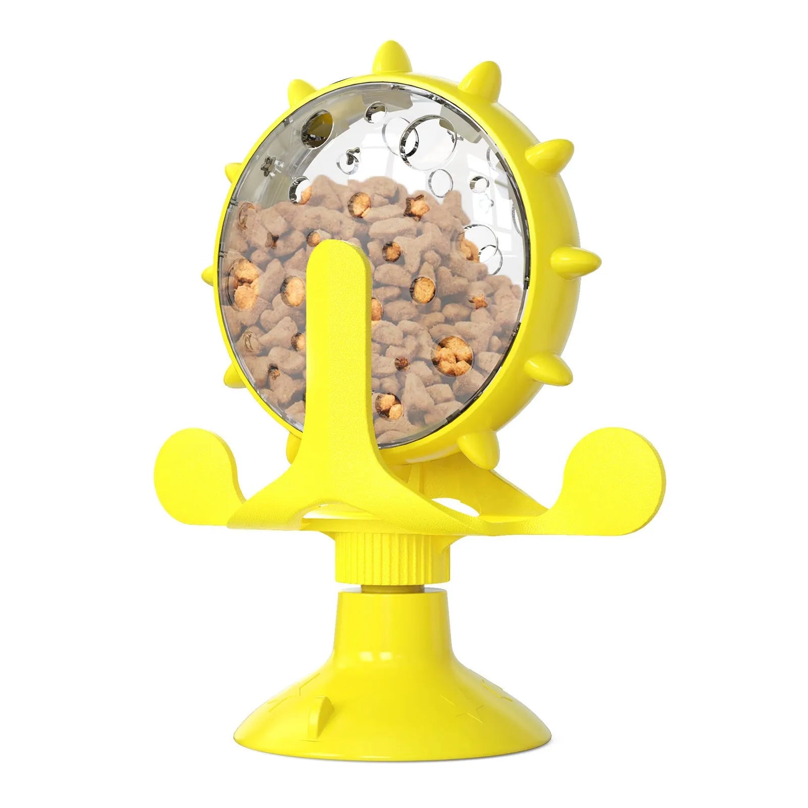 Interactive pet puzzle feeder toy with rotating food dispenser and sucker base in multiple colours