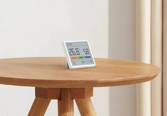 Mini digital clock hygrograph with ABS body, PMMA screen, temperature and humidity display, stand and adhesive mount options