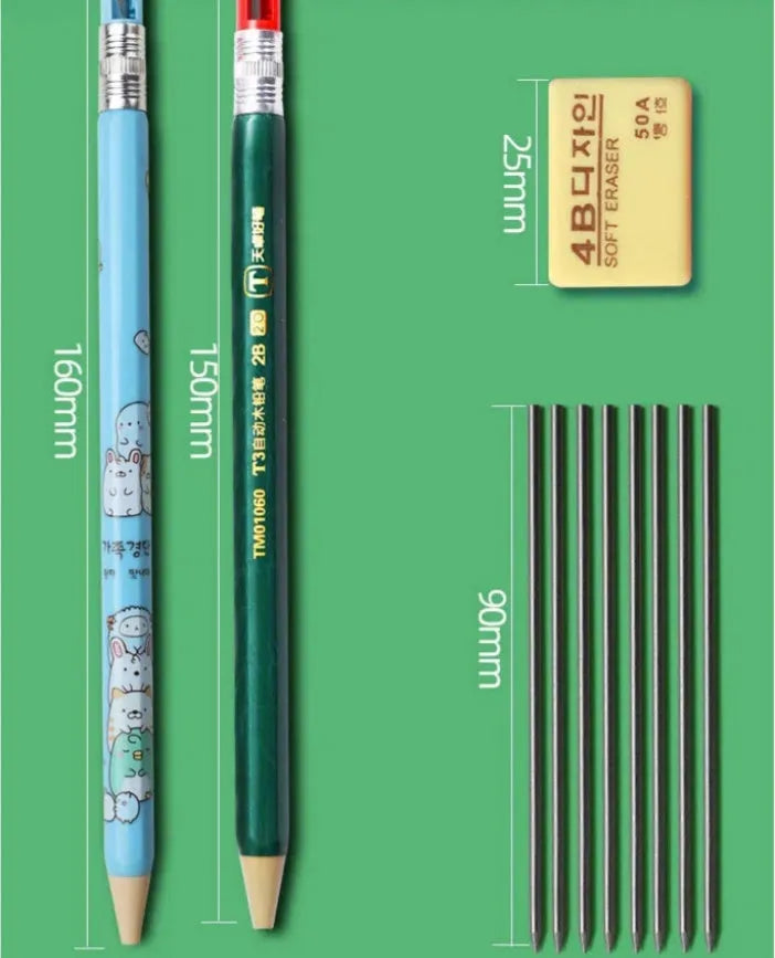 Set of colourful cartoon-style children's mechanical pencils with 2.0mm leads and separate rubber erasers.