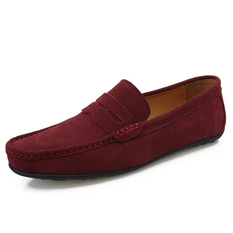 Men's suede slip-on loafers in multiple colours with round toe and rubber sole