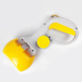 Blue pet pooper scooper with integrated trash bag holder and top carry hook.