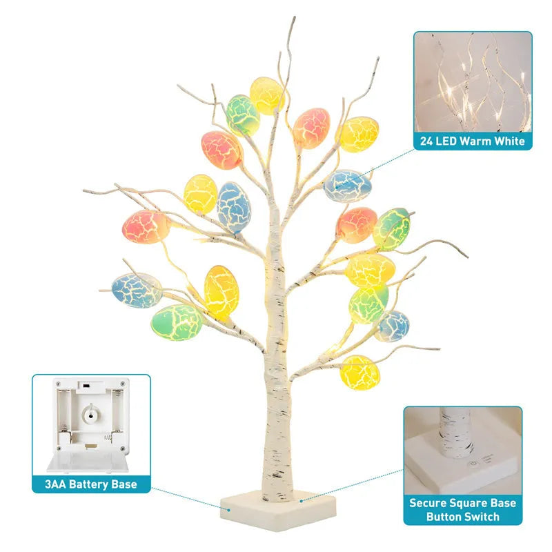 60cm white LED birch tree with black trunk details and warm white cracked egg ornaments on adjustable branches
