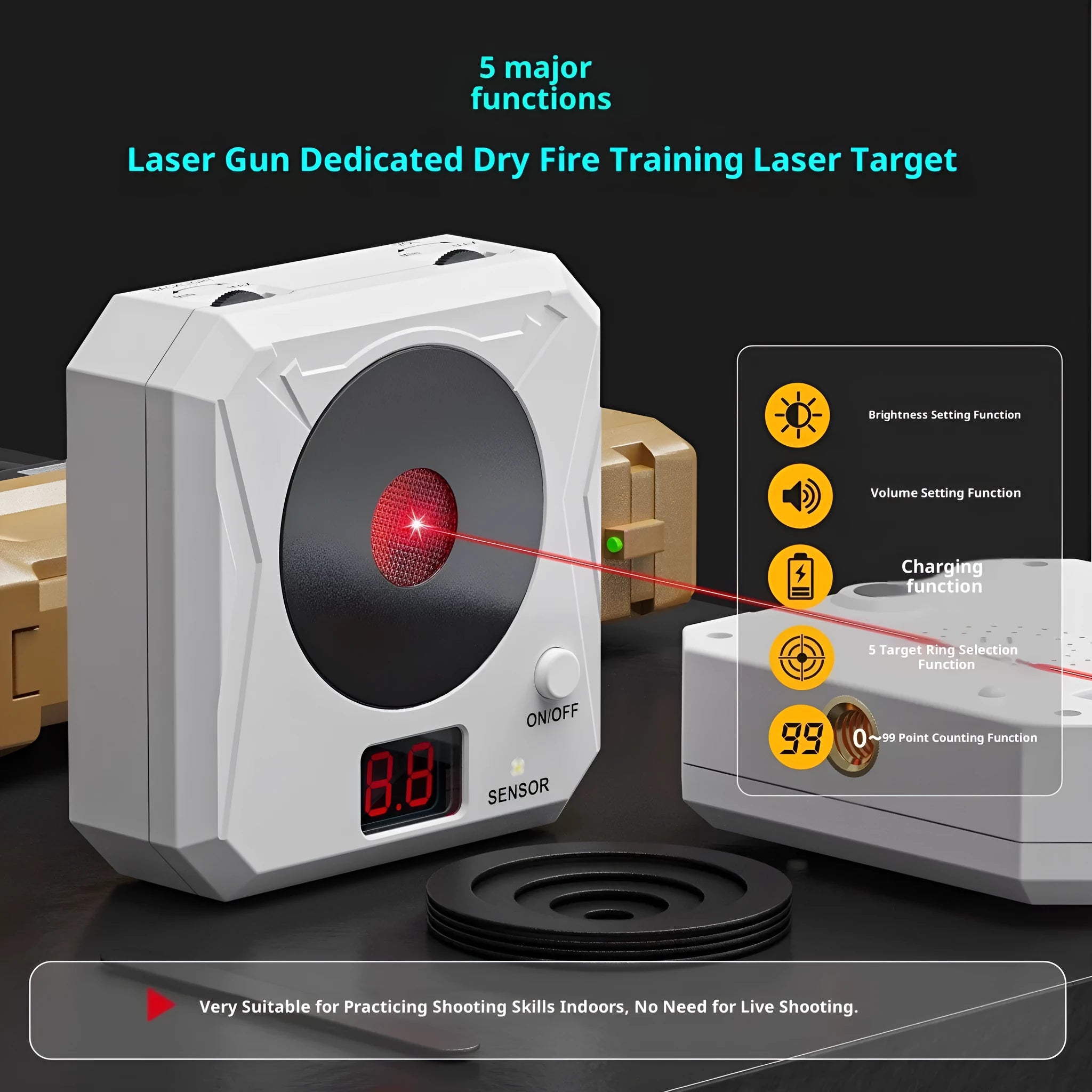 Infrared laser dry fire training target with replaceable ring, magnetic plate, and Type-C charging port