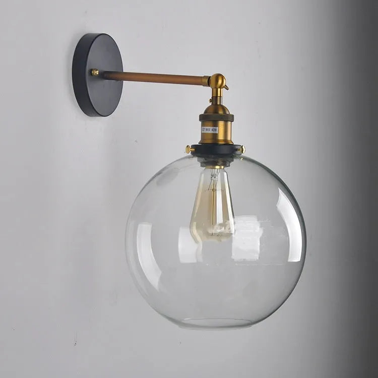 20cm round ball glass wall lamp with aluminium E27 lamp holder in amber, smoky gray or transparent