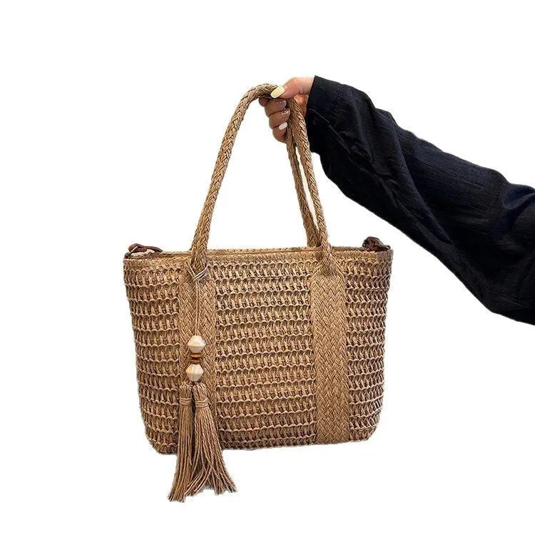 Women's straw woven crossbody shoulder bag in milky white or khaki colour with large capacity