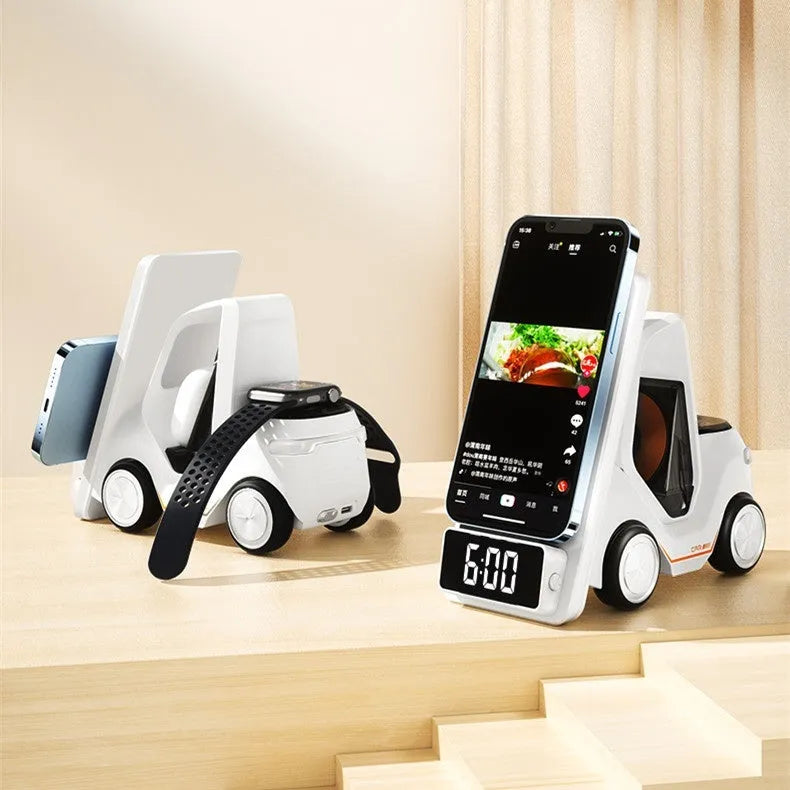 Grey 15W three-in-one wireless charging stand for mobile phones showing its angled design and Type-C port.