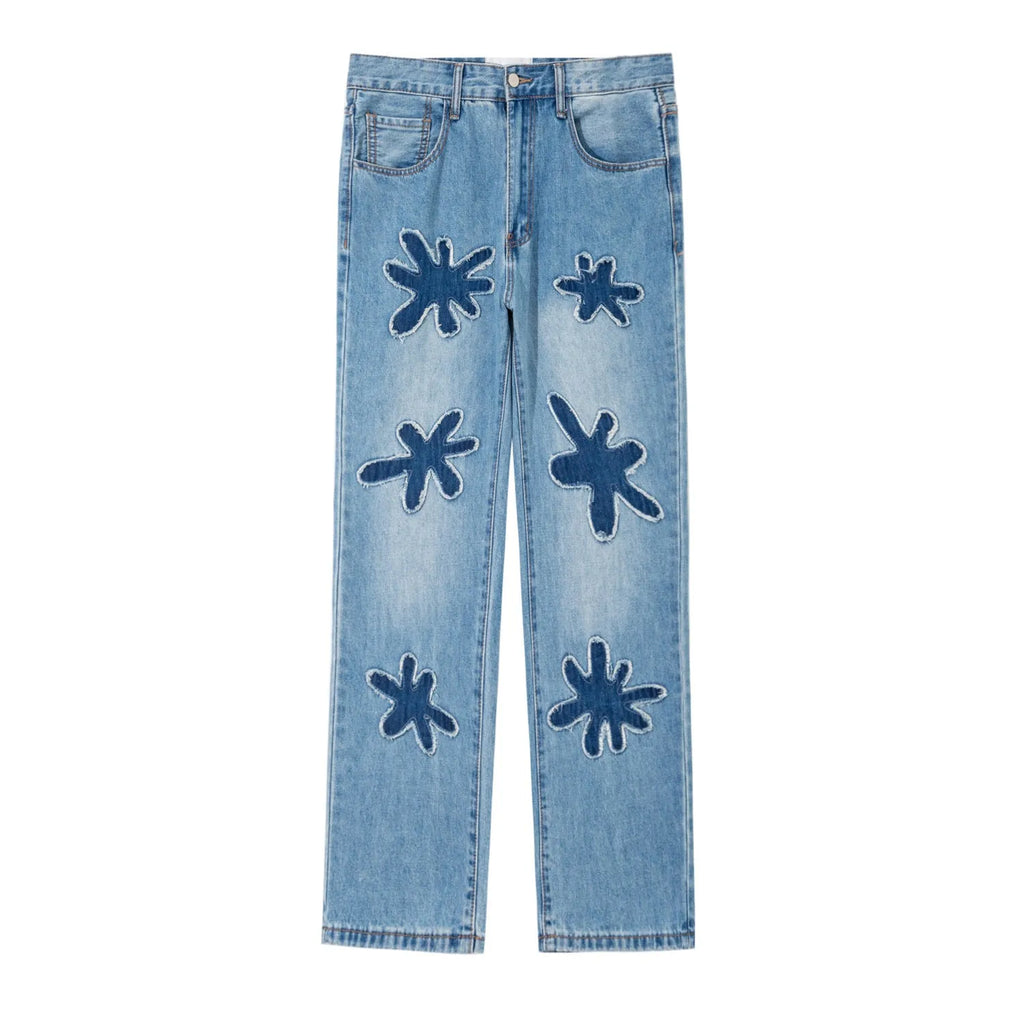 Retro burnt flowers niche wash straight-leg denim jeans in light blue, coffee, and black