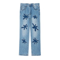 Retro burnt flowers niche wash straight-leg denim jeans in light blue, coffee, and black