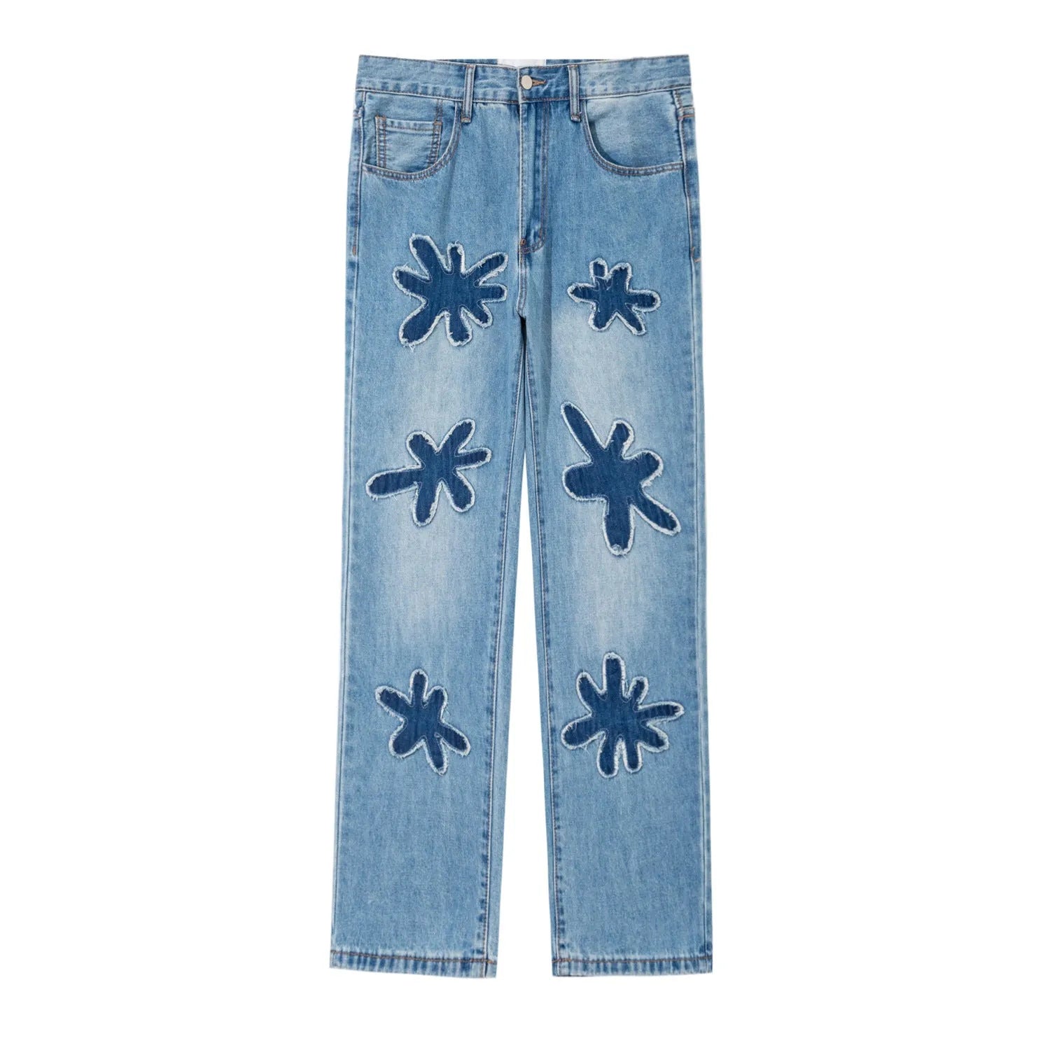 Retro burnt flowers niche wash straight-leg denim jeans in light blue, coffee, and black