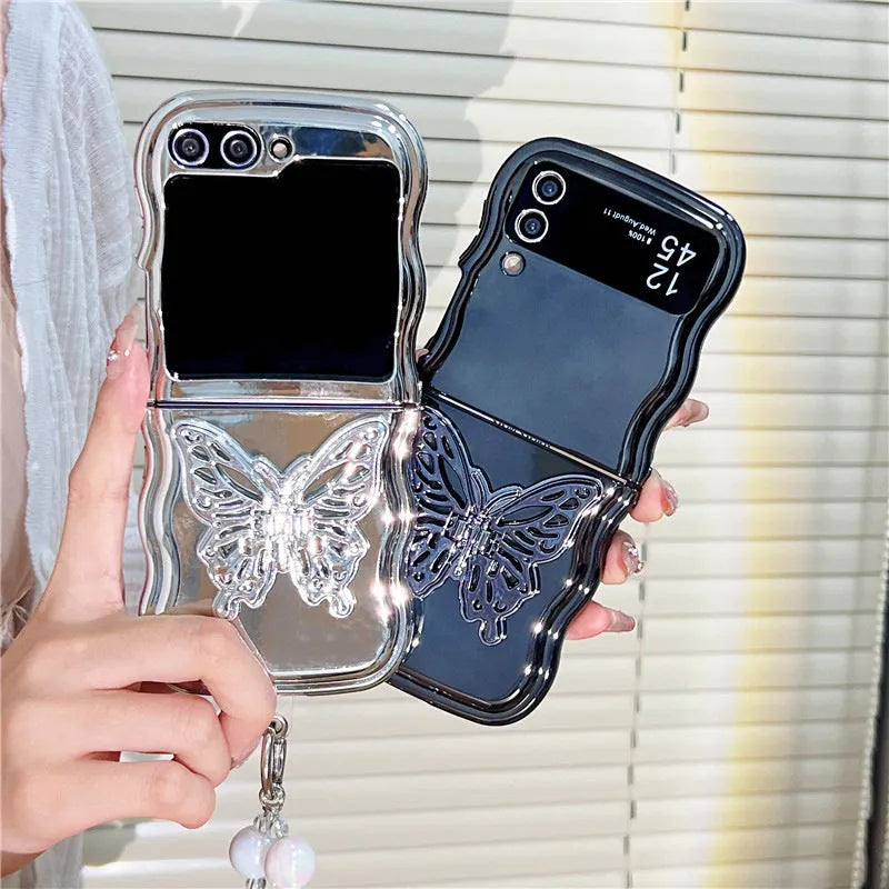 Samsung Z Flip phone case with electroplated wave edge and three-dimensional butterfly bracket stand in rose gold