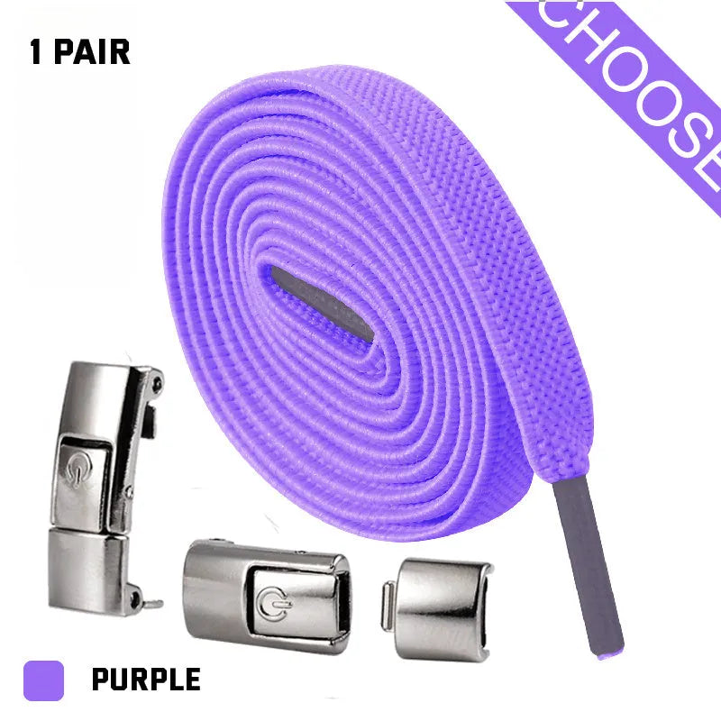 Pair of black 8mm wide flat press lock elastic shoelaces for no-tie fastening on sneakers